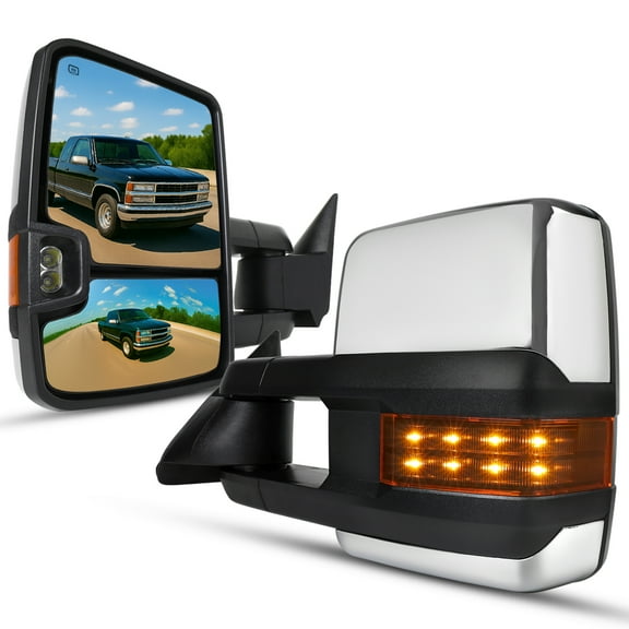 Spec-D Tuning Amber LED Signal Power Heated Manual Fold Towing Mirrors Chrome Compatible with 1988-1998 GMC C/K 1500 2500 3500 , 1992-1999 Yukon Suburban Left   Right Pair