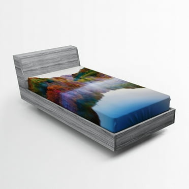 Landscape Fitted Sheet, Lake and Mountain Landscape in the Autumn Fall Heavenly Spaces in Earth, Soft Decorative Fabric Bedding, Twin Size, Multicolor, by Ambesonne