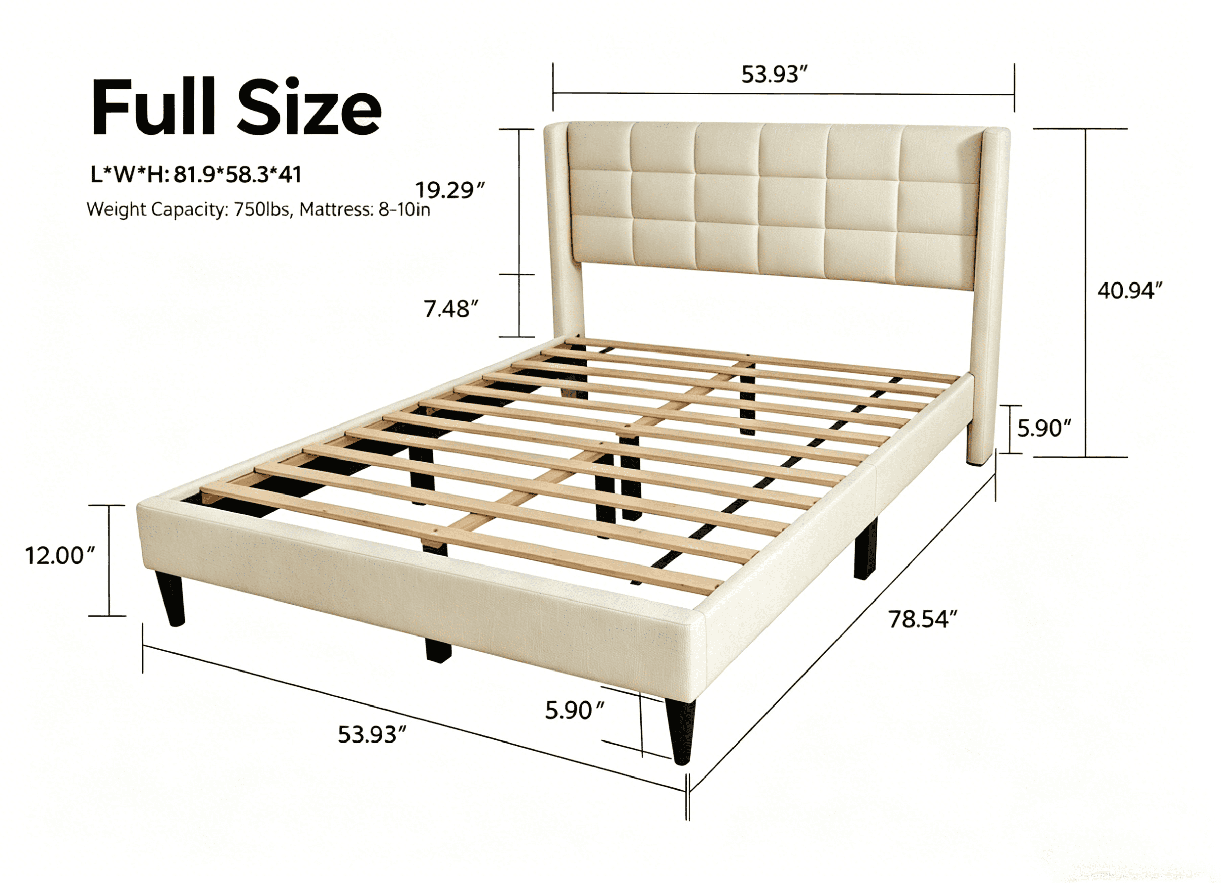 Alexent Full Size Upholstered Bed Frame | Linen Headboard, Metal & Solid Wood Construction, Sturdy & Comfortable Bed for Bedroom Dark | Beige