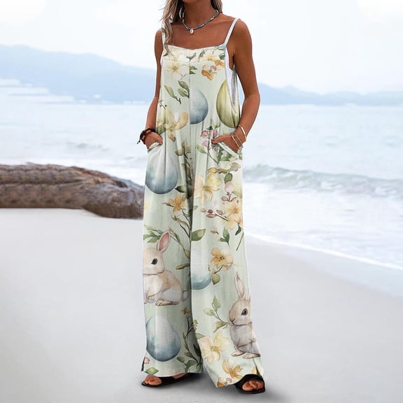 Haivin Women's Easter Printed Overalls with Adjustable Straps, Loose Fit and Pockets for Casual Daily Wear