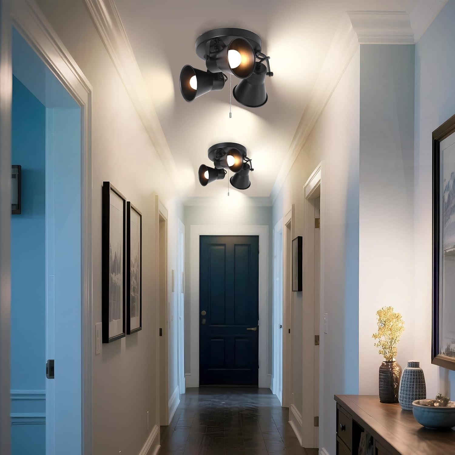 KEESFU 3-Light Track Lighting with Pull Chain, Adjustable Ceiling Spotlight with Extended Cord, Modern Industrial Flush Mount Light for Kitchen Garage Pantry