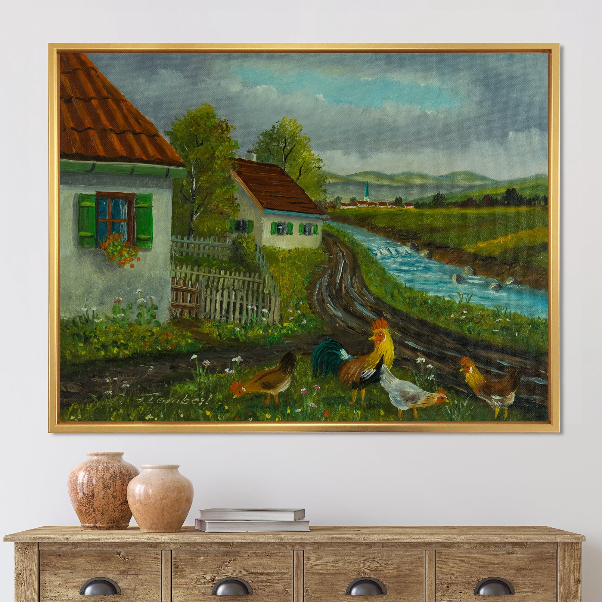 A Cock and Three Chickens In A Meadow With Flowers 32 in x 16 in Framed Painting Canvas Art Print, by Designart