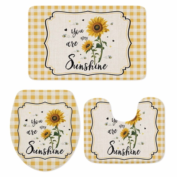Vintage Sunflower Bathroom Rugs Set Yellow Plaid You Are My Sunshine Country Non Slip Absorbent Soft Bath Mats 3 Piece Set with Bathroom Rug, U-Shaped Floor Mat, Toilet Seat Cover Small Size