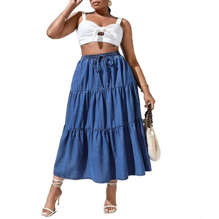 Plain Layered Tiered Medium Wash Plus Size Denim Skirts Walmart