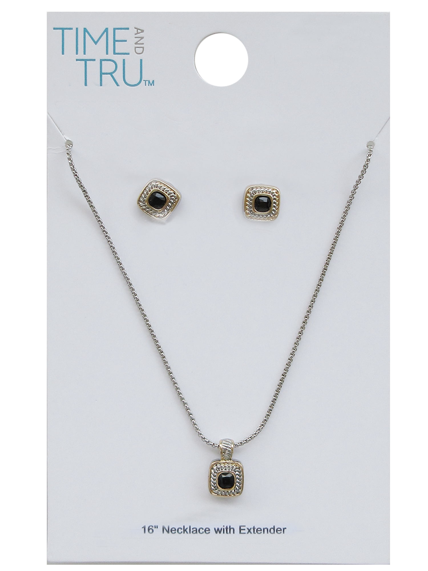 Time and Tru Women's Black Square Pendant Necklace and Earring Set
