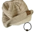 thumbnail image 4 of C.C Unisex Chunky Soft Stretch Cable Knit Warm Fuzzy Lined Skully Beanie, Heather Beige with Hair Tie, 4 of 5
