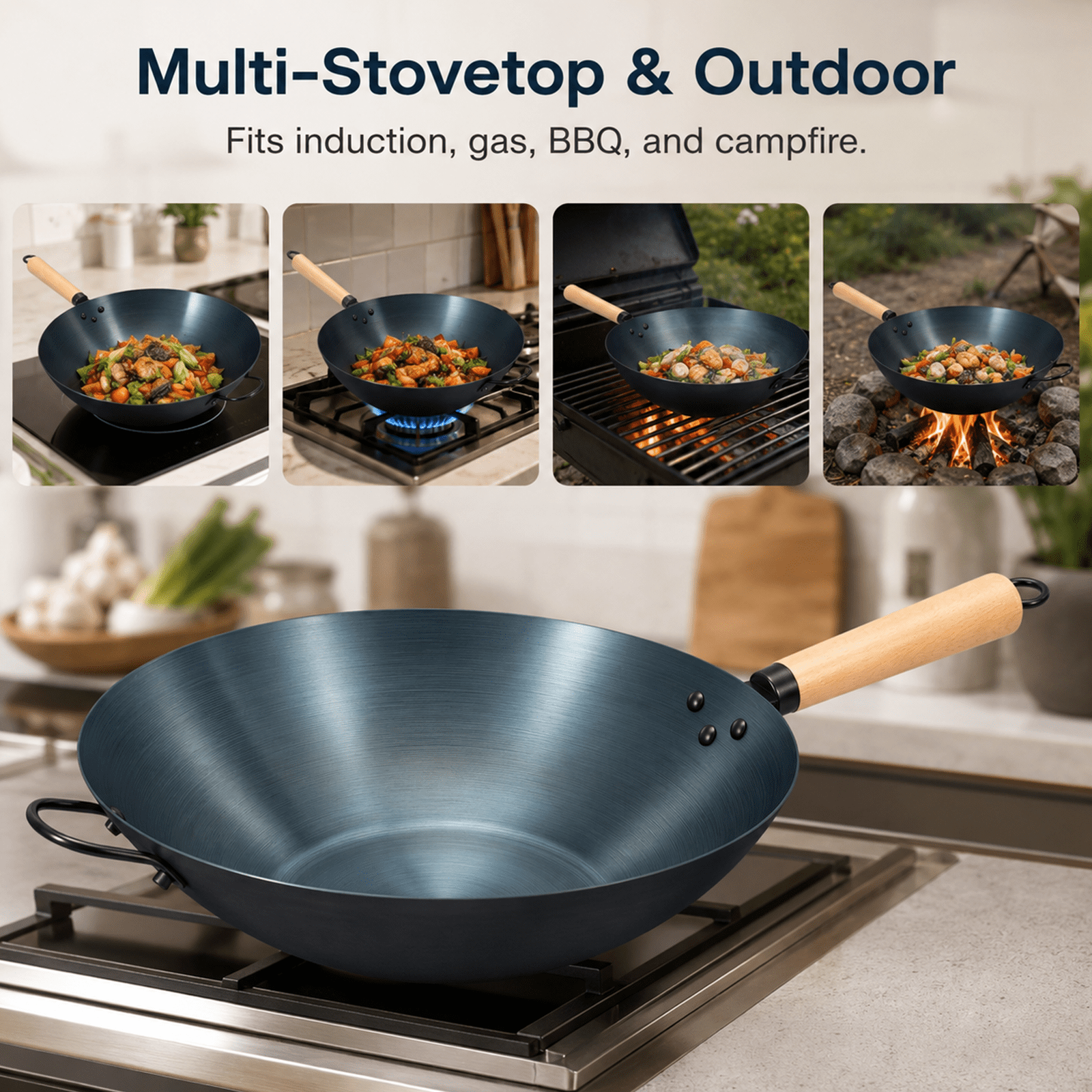 Alvantor 13.8" Carbon Steel Wok Pan, Pre-Seasoned Flat Bottom Pow Wok for Family Meals and Camping, No Chemical Coating, Compatible with Induction, Electric, Gas, Open Fire