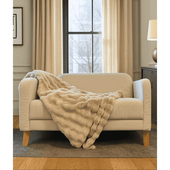 Luxury Faux Fur Throw Blanket, High-Pile Super Soft & Warm for Bed and Couch, 50”*72”, Tan, Outtek