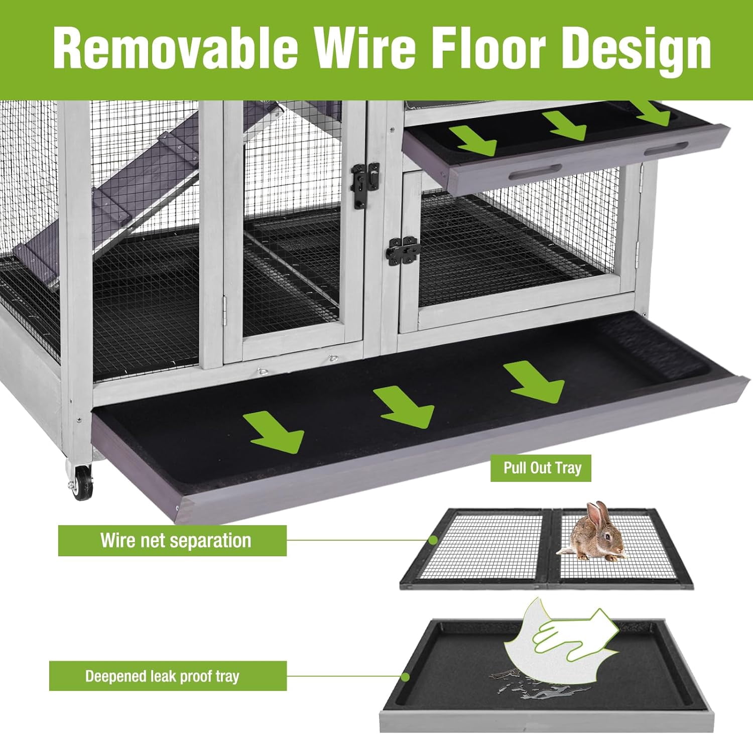 Aivituvin Rabbit Hutch, Indoor Bunny Cage with Run Outdoor Rabbit House with Two Deeper No Leak Trays Light Gray