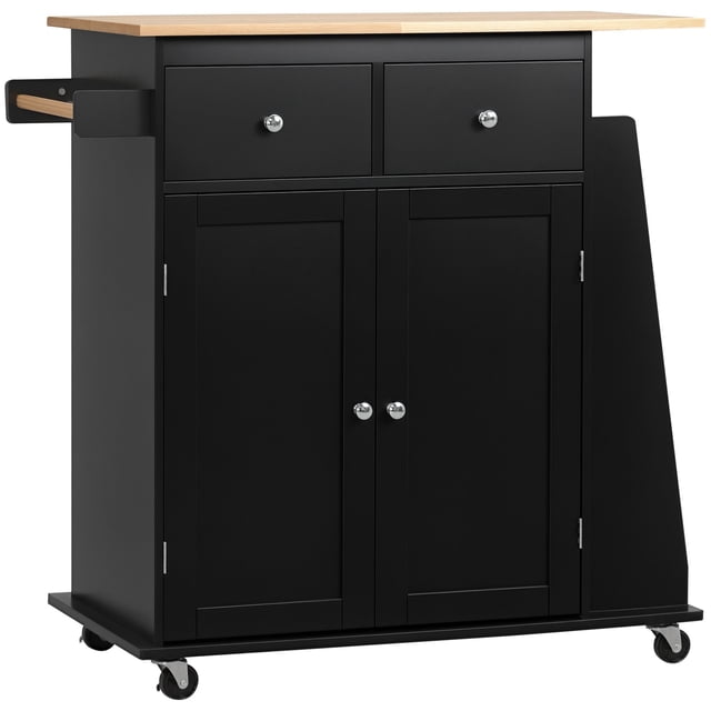 Black Rolling Kitchen Island Cart with 3-Tier Spice Rack & Storage - Compact Kitchen Storage Solution for Dining Room & Pantry - 35"W x 17.75"D