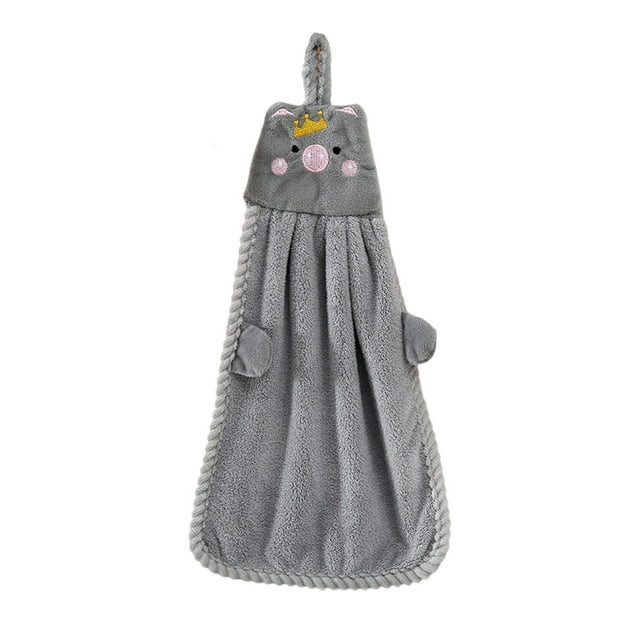 Kitchen Hand Towels Coral Fleece Solid Color With Piglet Design 38 cm x 28 cm Hanging Rope Edge