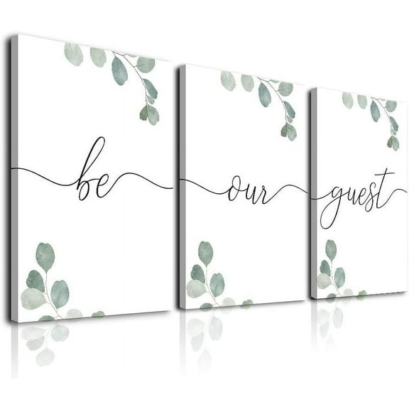 Be Our Guest Sign Wall Art Set of 3, Farmhouse Guest Room Wall Decor for Hanging Above Bed, Framed Canvas Wall Art with Botanical Prints for Bedroom, Guest Room Decor (12x16inch)