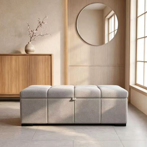 Upholstered Rectangular Storage Ottoman Bench, End of Bed Bench with Hidden Storage, Multi-Use Footrest & Shoe Stool for Bedroom, Living Room, Entryway, Gray