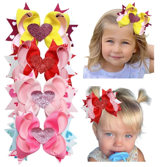JoyBowie 4 Pcs 5.3inch Glitter Heart Hair Bows for Girls 4-10 Years, Grosgrain Ribbon Clips for Valentine’s Parties & Daily Hairstyles