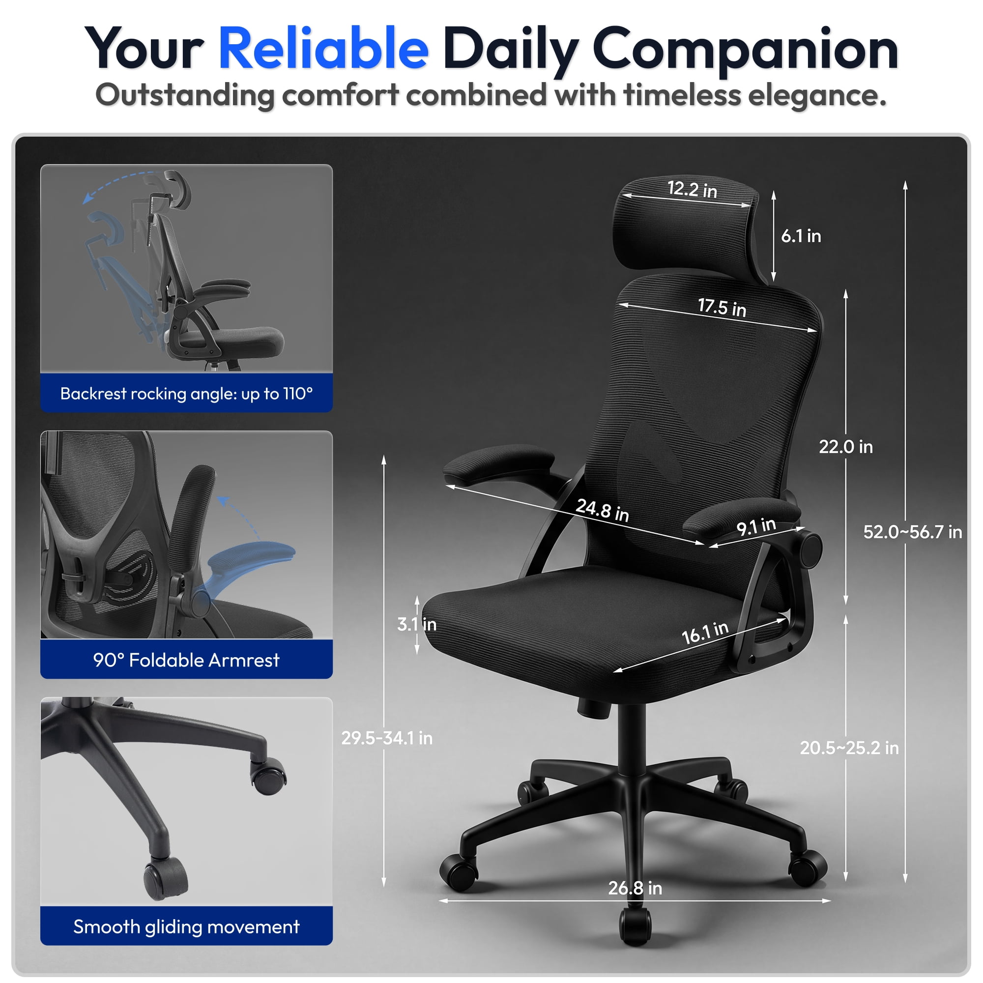 Ultifit Adult Farbic Adjustable Headrests and Adjustable Armrests Ergonomic Office Chairs Black 300lbs