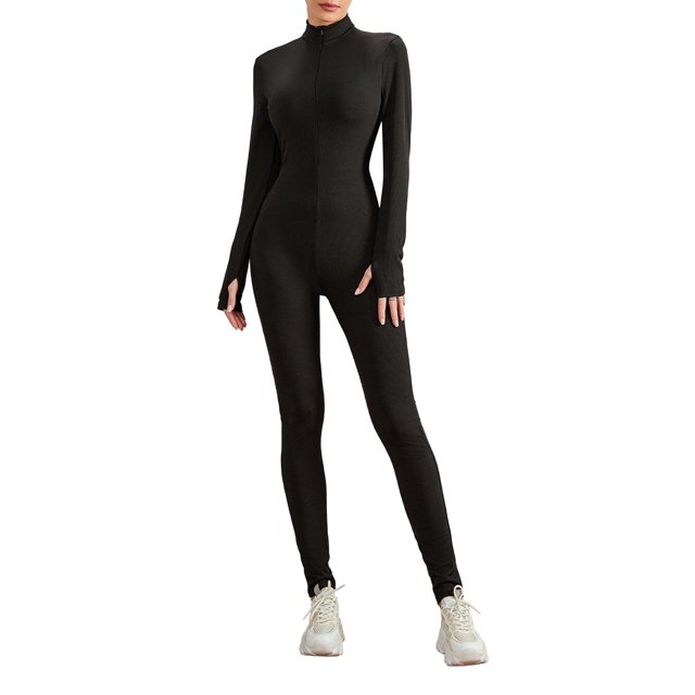 SUNSIOM Combinaison pour Femmes, Manches Longues Col Montant Zippée Unie Coupe Ajustée Barboteuse Décontractée pour Dames