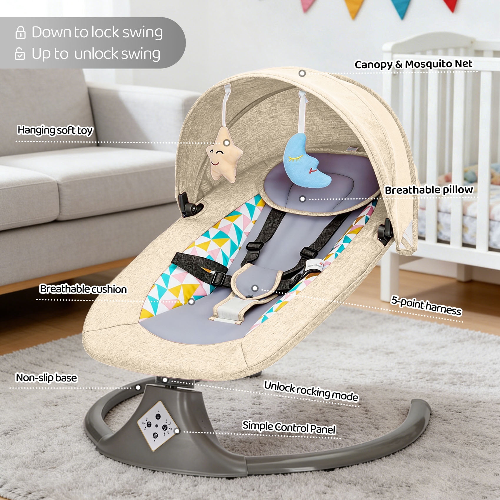 Electric Baby Swing, Caveen Infant Swing Rocker with Remote Control, 5 Sway Speeds, Bluetooth Music, Grey