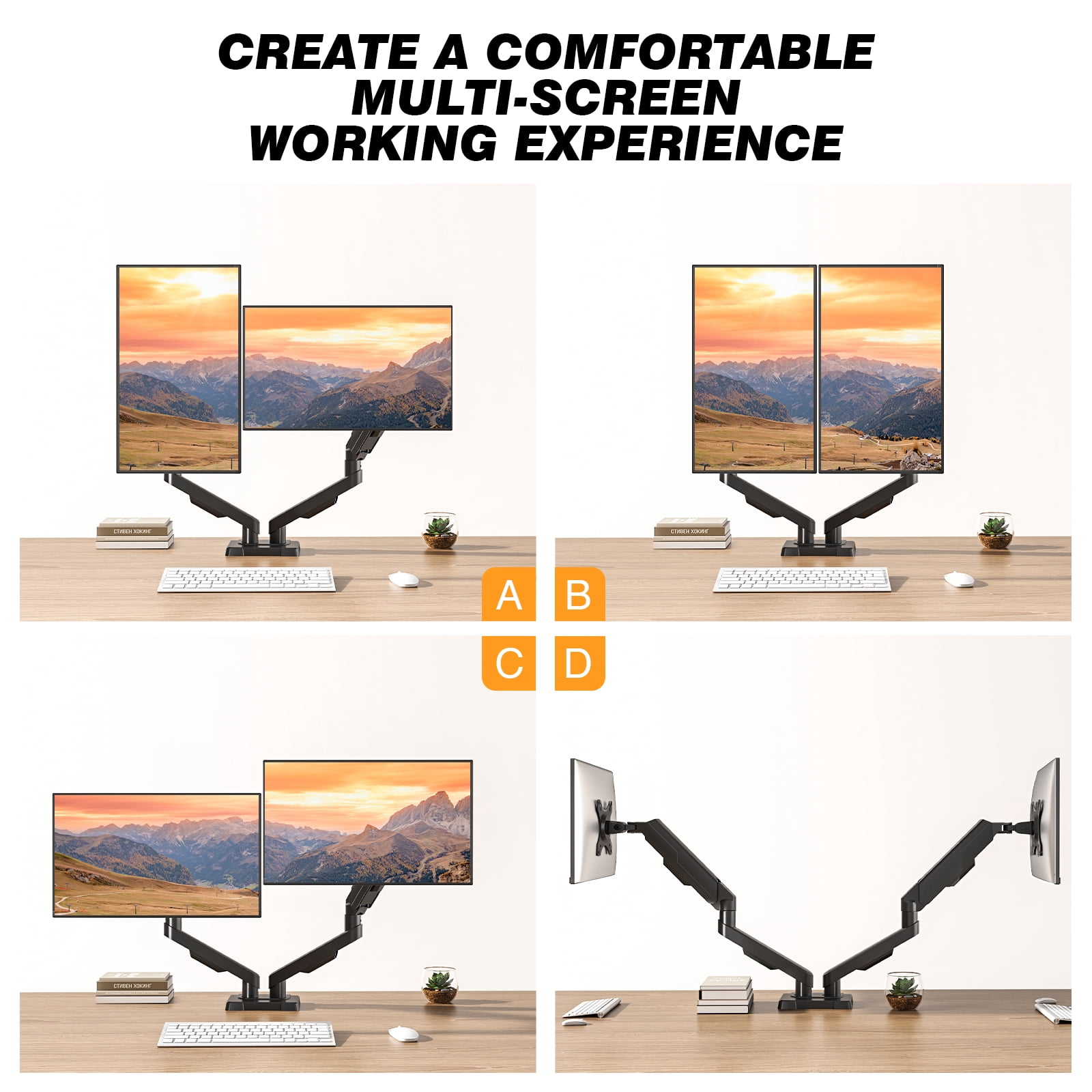 RTVR Dual Monitor Desk Mount Stand Fits Screens up to 34", 360° Heavy Duty Adjustable Arm Desk Mount with Tilt Swivel Rotation, Holds up to 22lbs