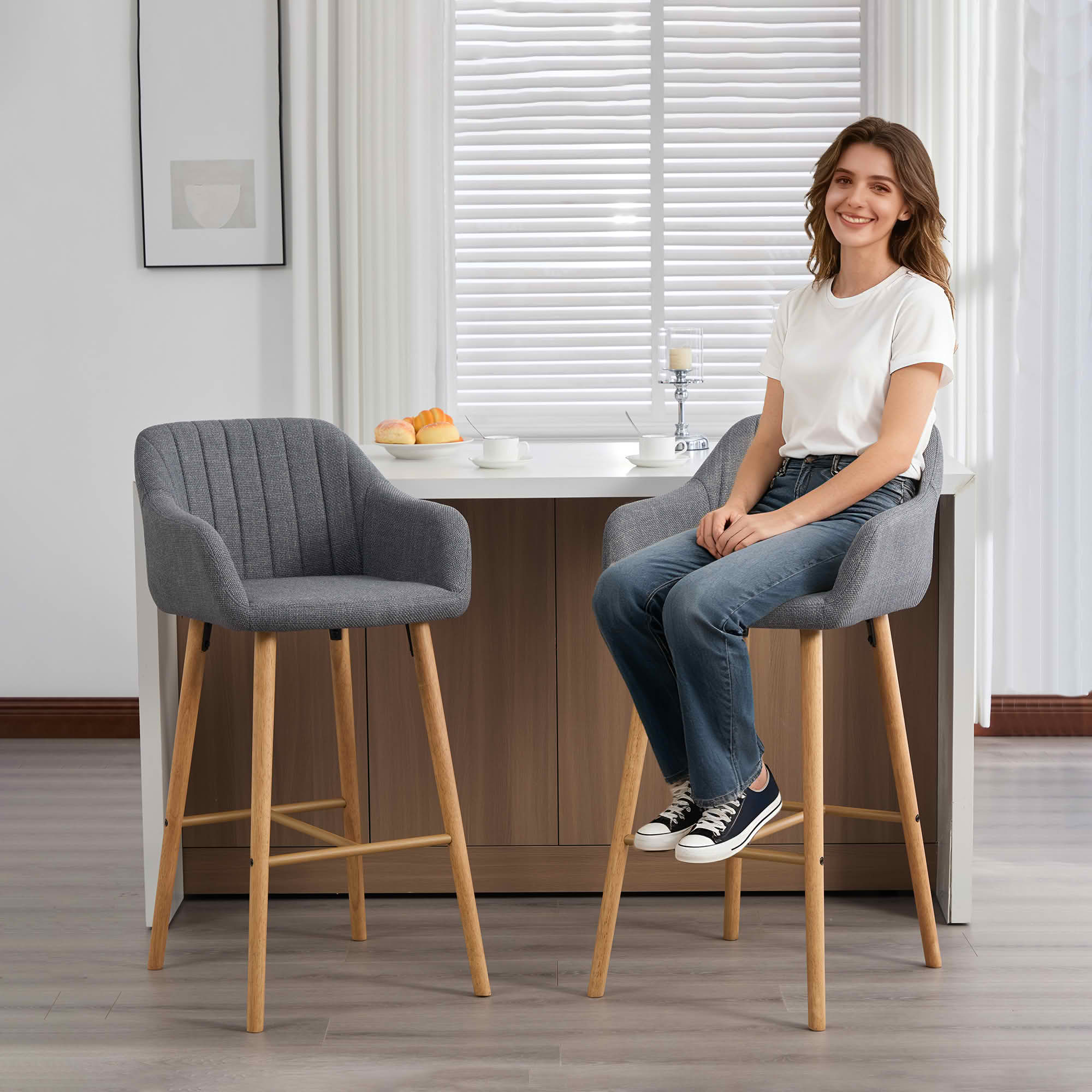 MAYEERTY Bar Stools Set of 2, Linen Kitchen Island Chairs with Back, Arms, Footrest and Solid Oak Legs, Gray