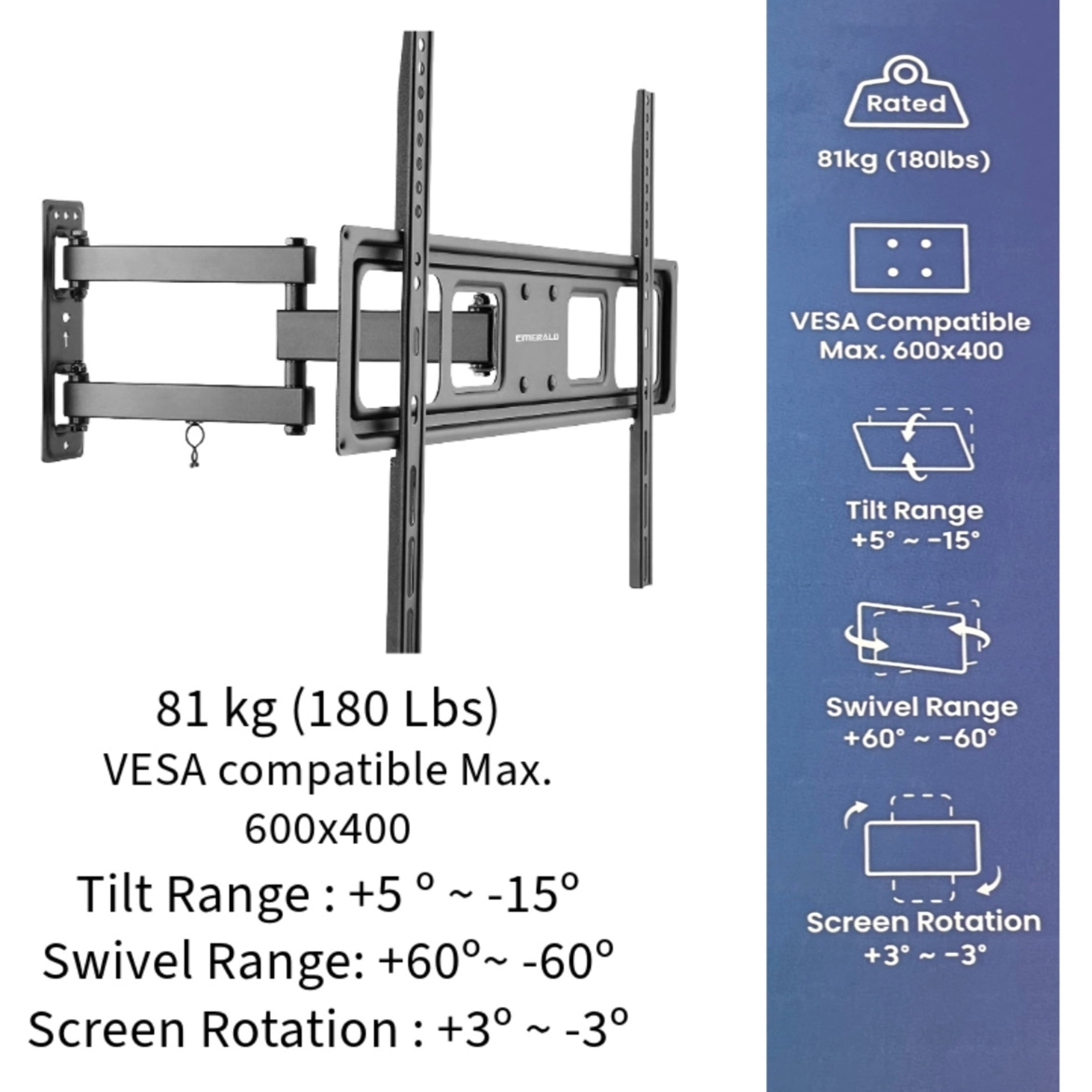Emerald Full Motion TV Wall Mount Kit for 32-85” TVs, Swivel TV Mount with 20’ LED Cable and Universal Remote Control