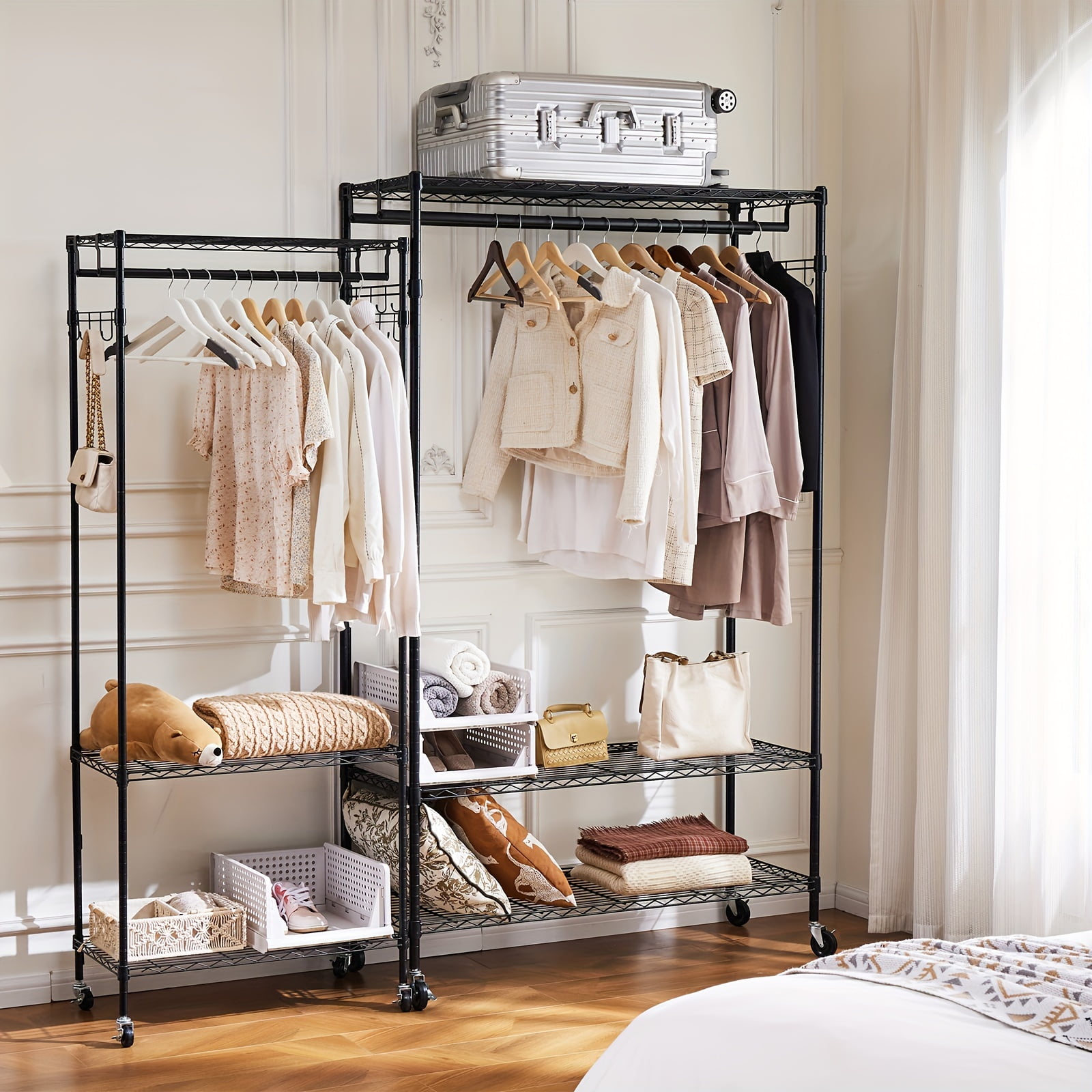 CONCETTA 3 Tiers Rolling Clothes Rack ,Adjustable Cable Hanger with Double Rod and Side Hooks,Multifunctional Storage Rack, 17.7" D x 47.2" W x 80.3" H