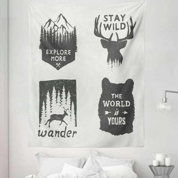 Saying Tapestry, Wilderness Emblems Stay Wild Wander the World is Your Arrow Pine Wildlife Animals, Fabric Wall Hanging Decor for Bedroom Living Room Dorm, 5 Sizes, Grey, by Ambesonne