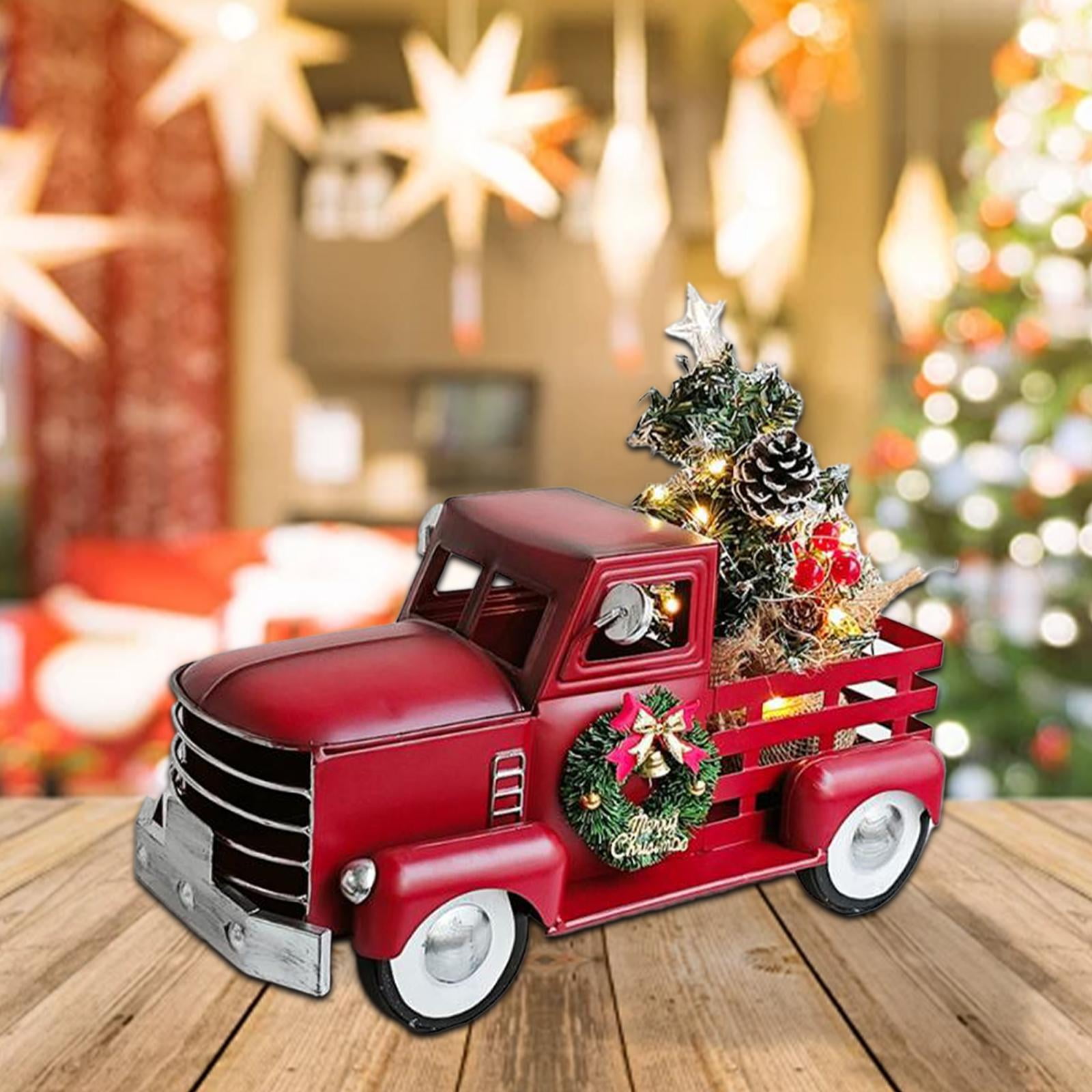 Déco De Noël - Camion Rouge Vintage Avec Sapin Lumineux LED - Centre De Table Festif, Ambiance Chaleureuse