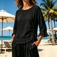 thumbnail image 6 of thefmos Women's Fall 3/4 Sleeve Ruffle Blouses Round Neck Drawstring Ruched Tops Casual Boho Pullover Shirts Solid Fashion Clothes for Vacation, Black L, 6 of 6