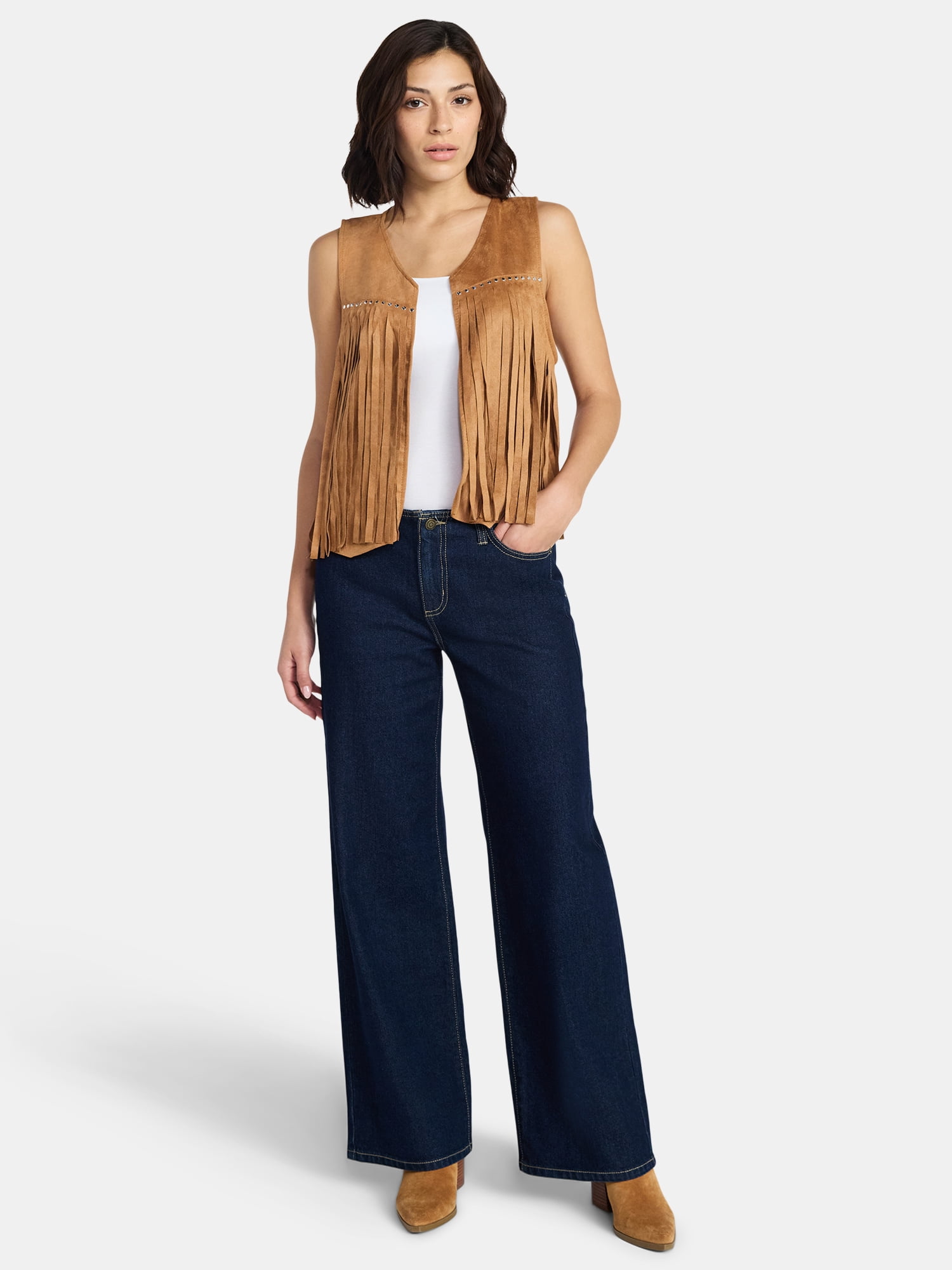 Madden NYC Women's Faux Suede Studded Fringe Vest, Khaki, Sizes S to XL