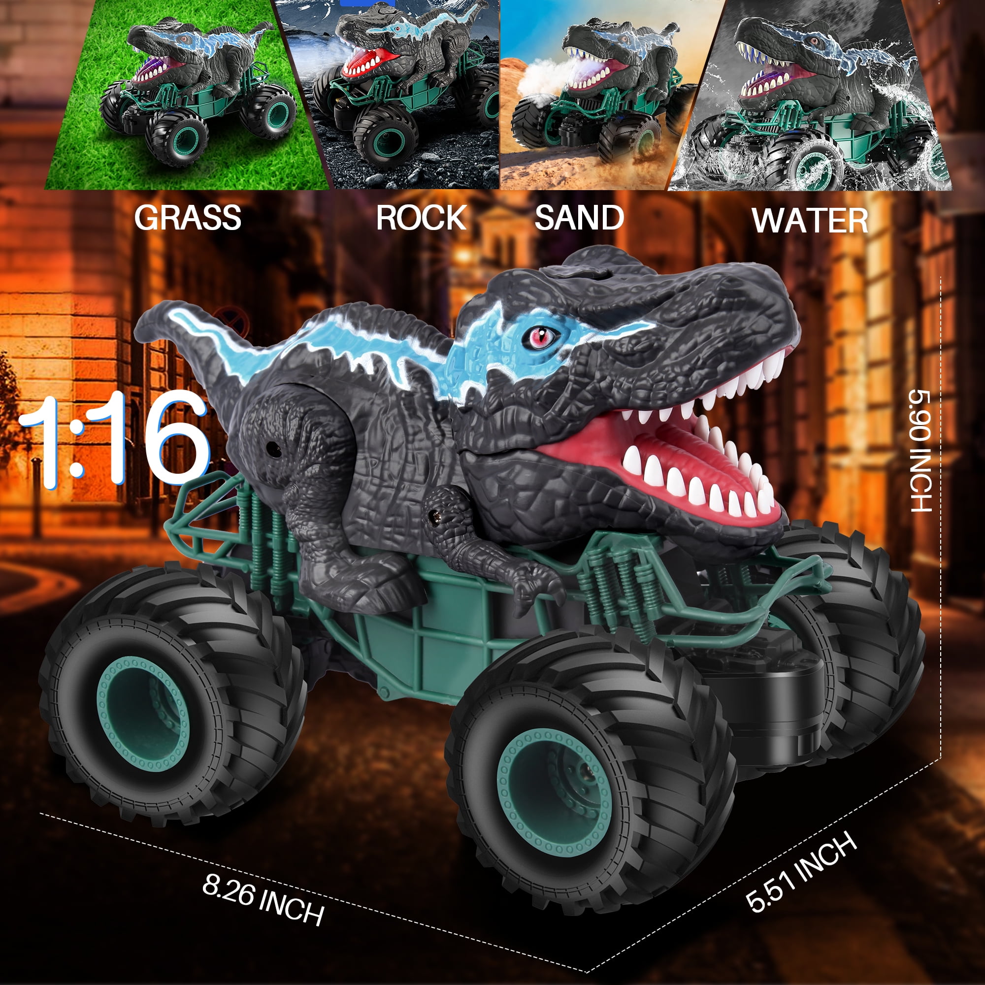 UUGEE Remote Control Dinosaur Cars for Boys, Monster Truck with Light Sound Spray, 2.4G RC Cars Christmas Birthday Gifts Toys for 6 8 9 10 Year Old Kids