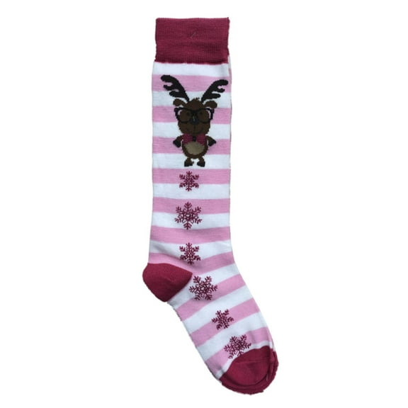 Girls Striped Pink Reindeer & Snowflake Christmas Holiday Knee Socks