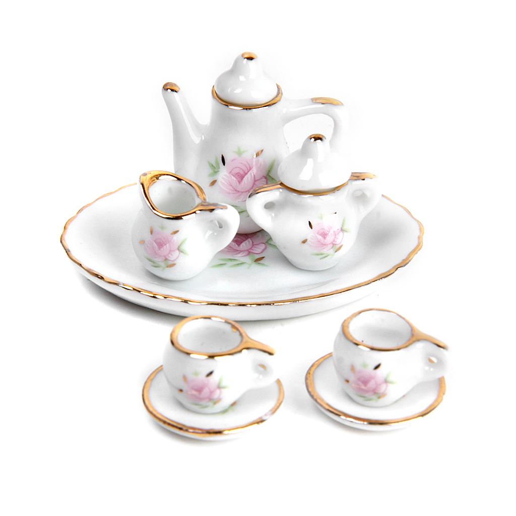 8pcs Dollhouse Miniature Dining Ware Porcelain Tea Set Dish Cup Plate Floral - image 2 of 8
