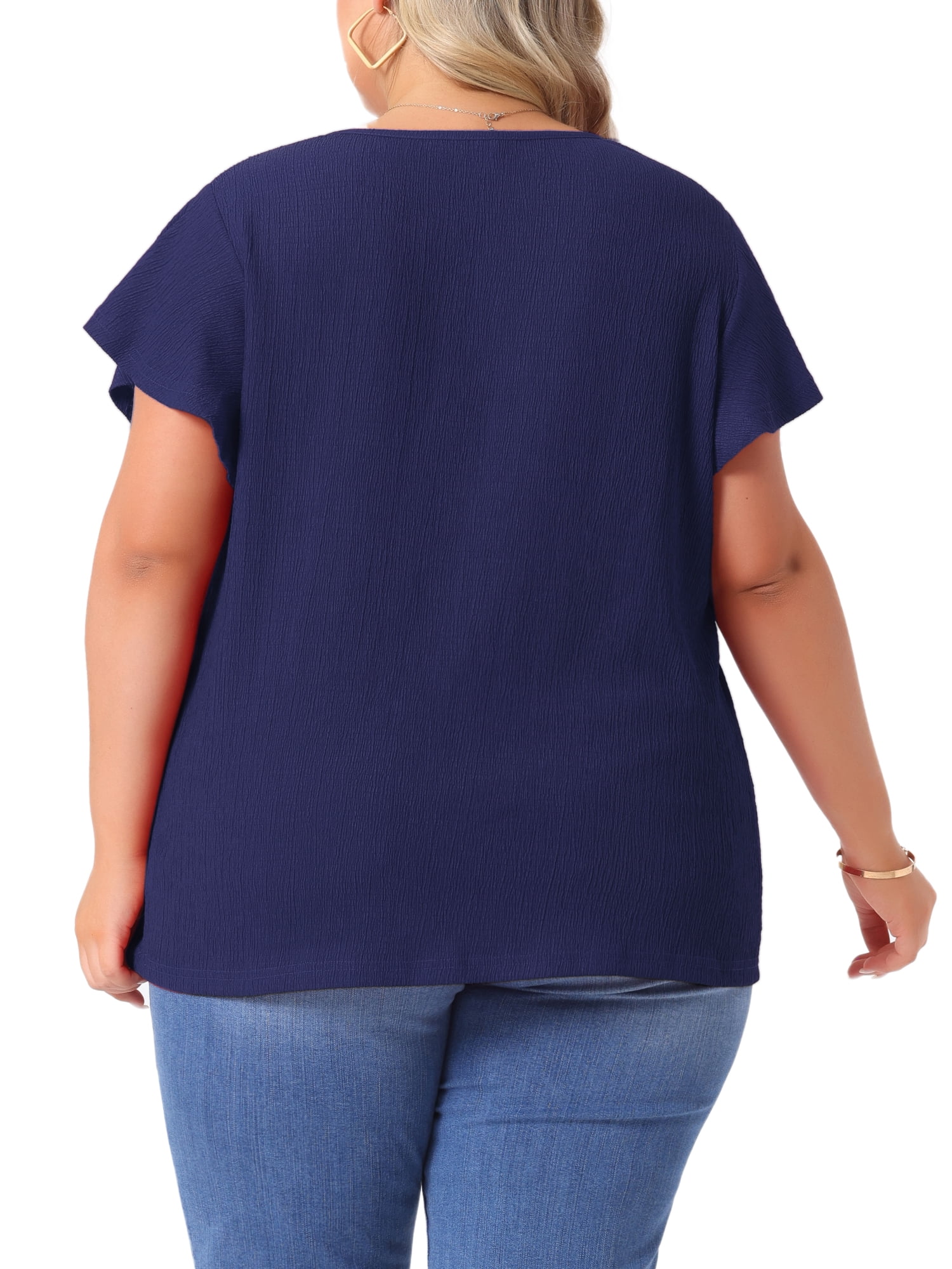 DARING DIVA Women's Plus Tops V Neck Ruffle T Shirt Blouses 2X Navy Blue