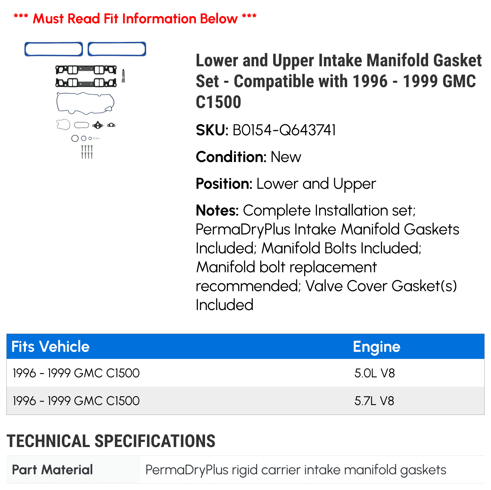 Lower and Upper Intake Manifold Gasket Set - Compatible with 1996 - 1999 GMC C1500 1997 1998