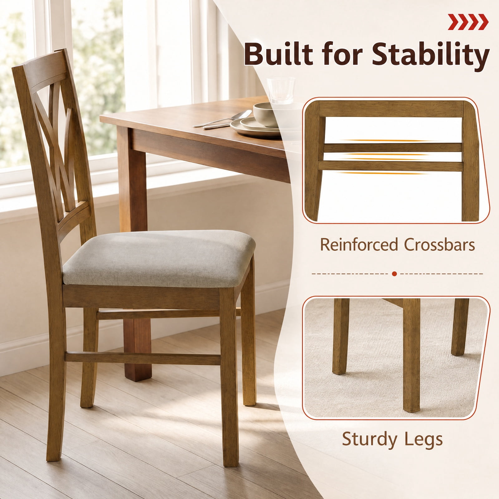Furnibear Upholstered Wooden Dining Chairs Set of 2 with Hollowed Backrest and Padded Seats on Solid Rubber Wood Frame, Oak