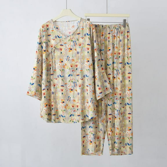Jinhomg Womens Thin Sleepwear Casual Loose Fit Long Sleeve Crew Neck Tops and Elastic Waist Pants 2Pcs Cute Floral Print Pajamas Sets Yellow L
