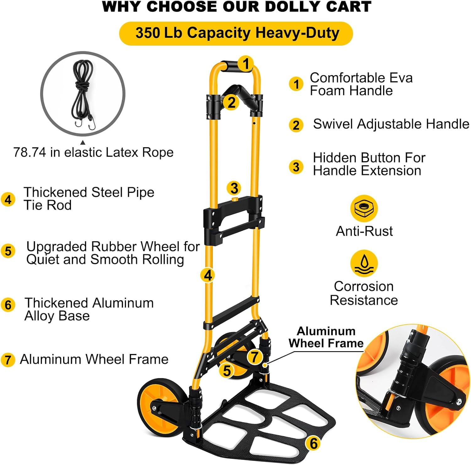 350 LB Capacity Upgraded Folding Hand Truck Dolly,Portable Dolly Cart with Telescoping Handle,Rubber Wheels and Aluminum Wheel Frame for Moving,Shopping,Travel,Office Use