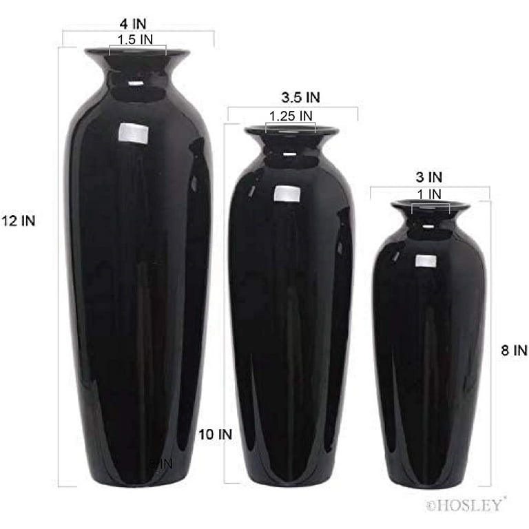 Hosley Set of 3, Black Decorative Ceramic Vases, Size: Small 3 x 3 x 8 and 1 Opening, Medium 3.5 x 3.5 x 10 and 1.25 Opening, Large 4 x 4 x 12 and 1.5
