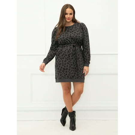 ELOQUII Elements Plus Size Puff Sleeve Leopard Print Sweatshirt Dress with Belt