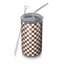 20oz Coffee Tumblers Brown and White Checkerboard Pattern Stainless Steel Vacuum Insulated Travel Tumbler Coffee Cups Mug with Lid and Straw with Cleaning Brush for Cold & Hot Drinks