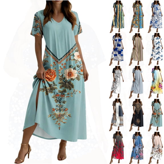 Women Dresses Ndbuld Women's Loose Short Sleeved Round Neck Fashion Bohemian Flared Split Floor-Length Maxi Dress Light Blue XL