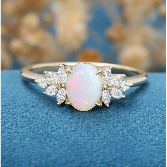Gitanshjewels Vintage Fire Oval Opal Ring ,Moissanite Cluster Ring, 925 Sterling Silver Engagement Rings