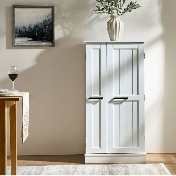 S-HOME Freestanding White Kitchen Pantry Cabinet with 5 Adjustable Shelves for Kitchen and Dining Room Storage