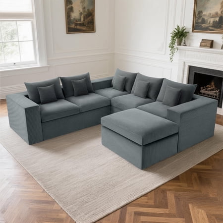 AHB 96" U-Shaped Modular Sectional Sofa, 5-Seat Cloud Couch with Deep Seat & Ottoman, Comfy Memory Foam Corduroy Floor Sofa, Boneless Modular Couch for Living Room Bedroom Family Room