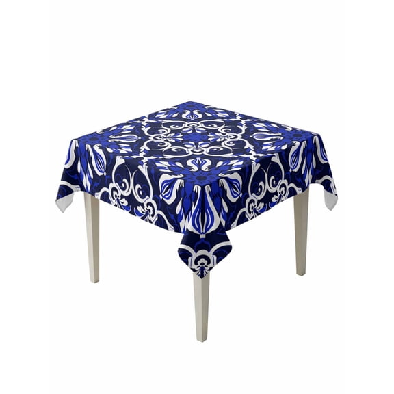 Blue Boho Floral Table Cloth, Abstract Oriental Bohemian Flower Waterproof Tablecloth for Square Tables, Reusable Washable Fabric Table Cover for Restaurant Kitchen Dining Tables 54"x54"