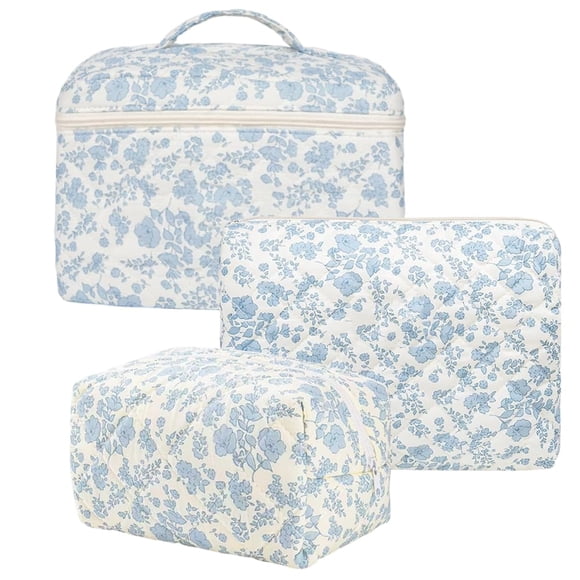 Bolsa de maquillaje FITINI Travel, bolsa de aseo acolchada grande, paquete de 3 unidades, azul