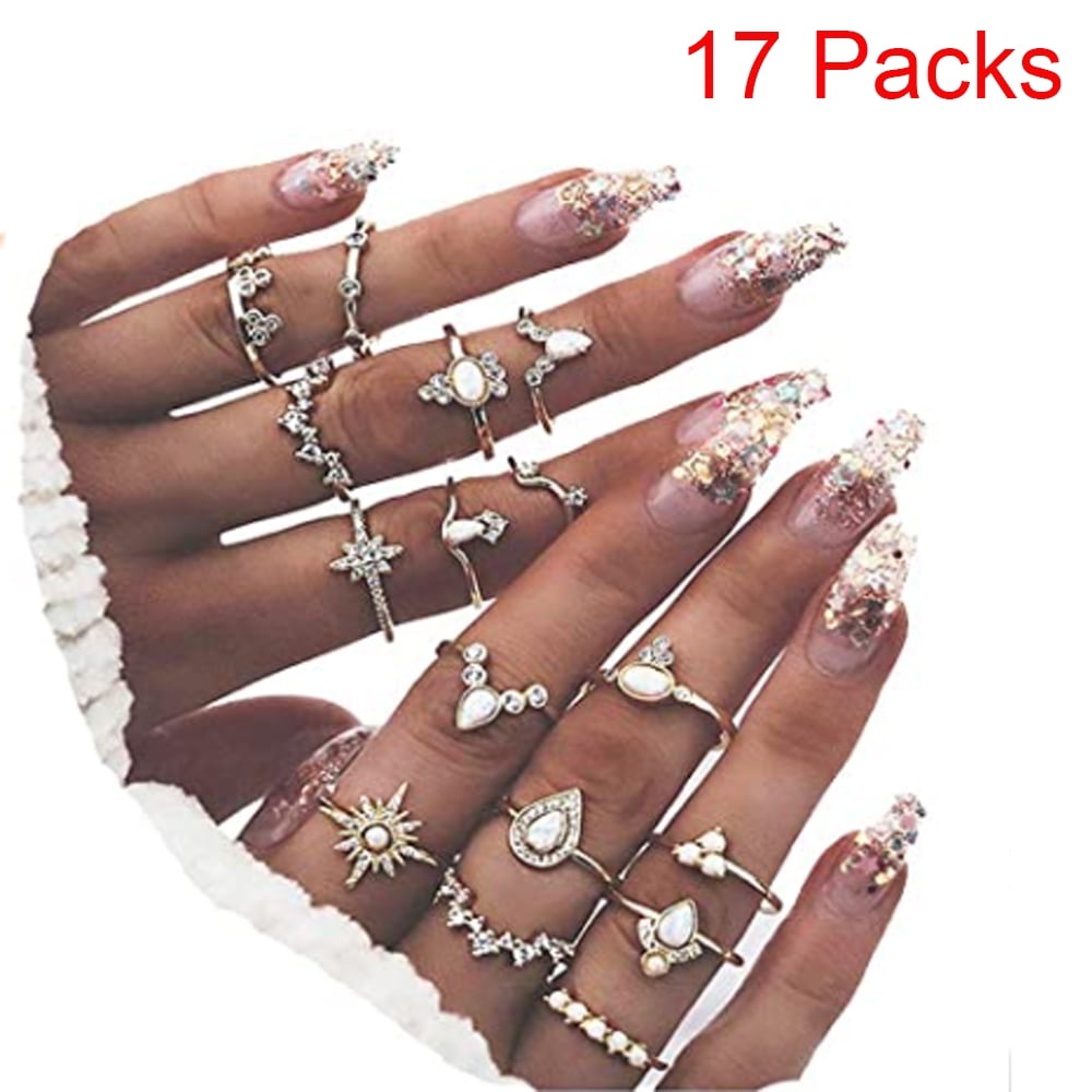 Vintage Rings Silver Gold Plated Crystal Above Knuckle Ring Band Midi Ring Set