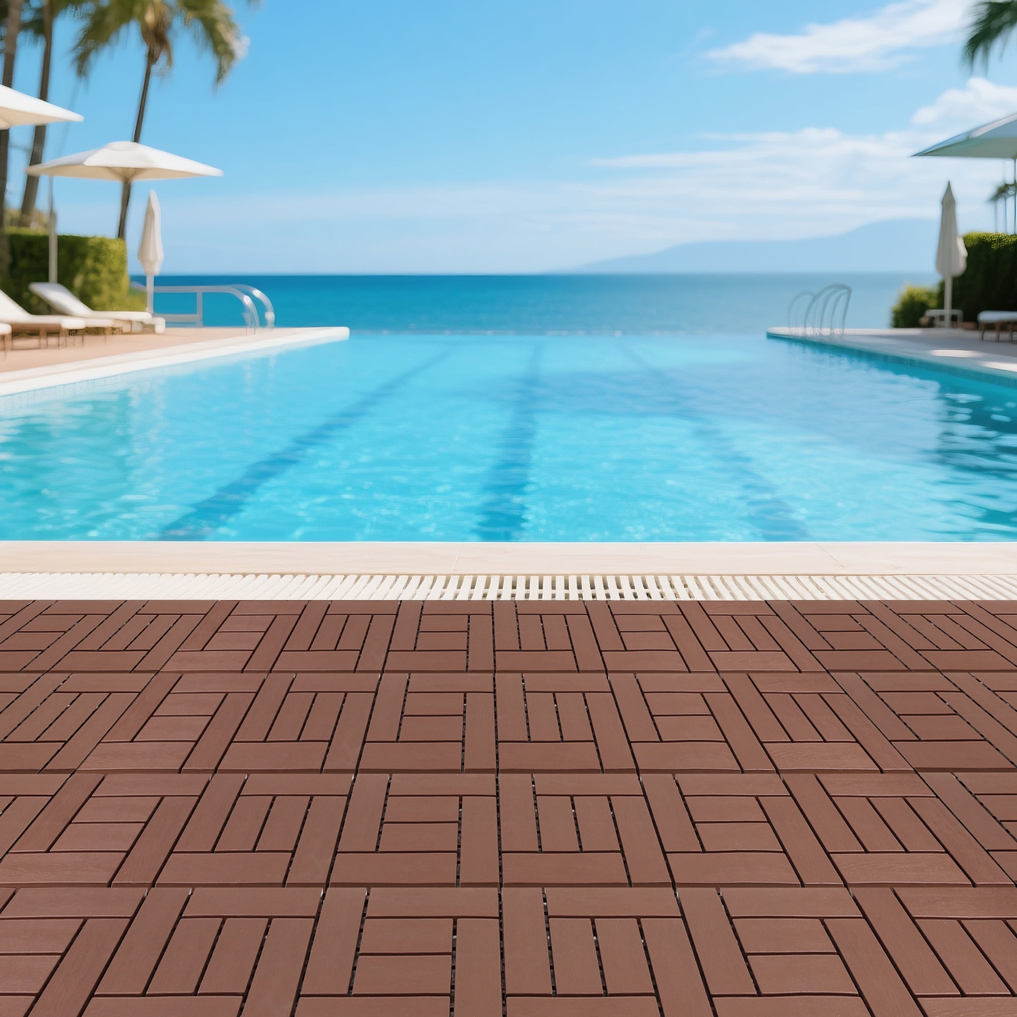 44 PCS 12-Inch ZZ Style Interlocking Deck Tiles Brown DIY Modular Floor Tiles Indoor Outdoor Courtyard Balcony Bathroom Quick Install Flooring