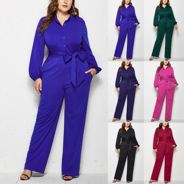 Sentmoon Plus Size Overalls for Women Plus Size Rompers Long Sleeve V Neck Solid Color Regular Fit Jumpsuits for Women Plus Size Summer for Beach and Vacation