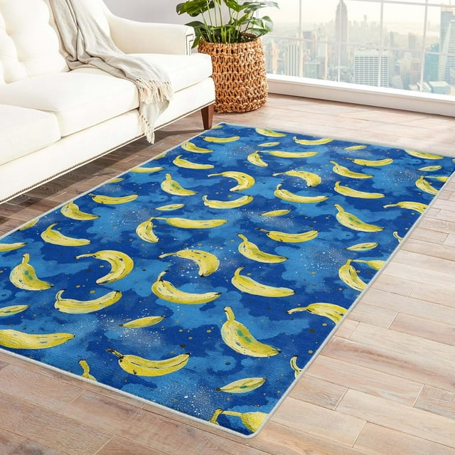 Banana Rugs for Living Room Bedroom - Fruit Rug 5x7 - Blue Carpet for Home Decor - Washable Non Slip Patterned Indoor Large Area Rug - Soft & Low Pile (ZK&761)